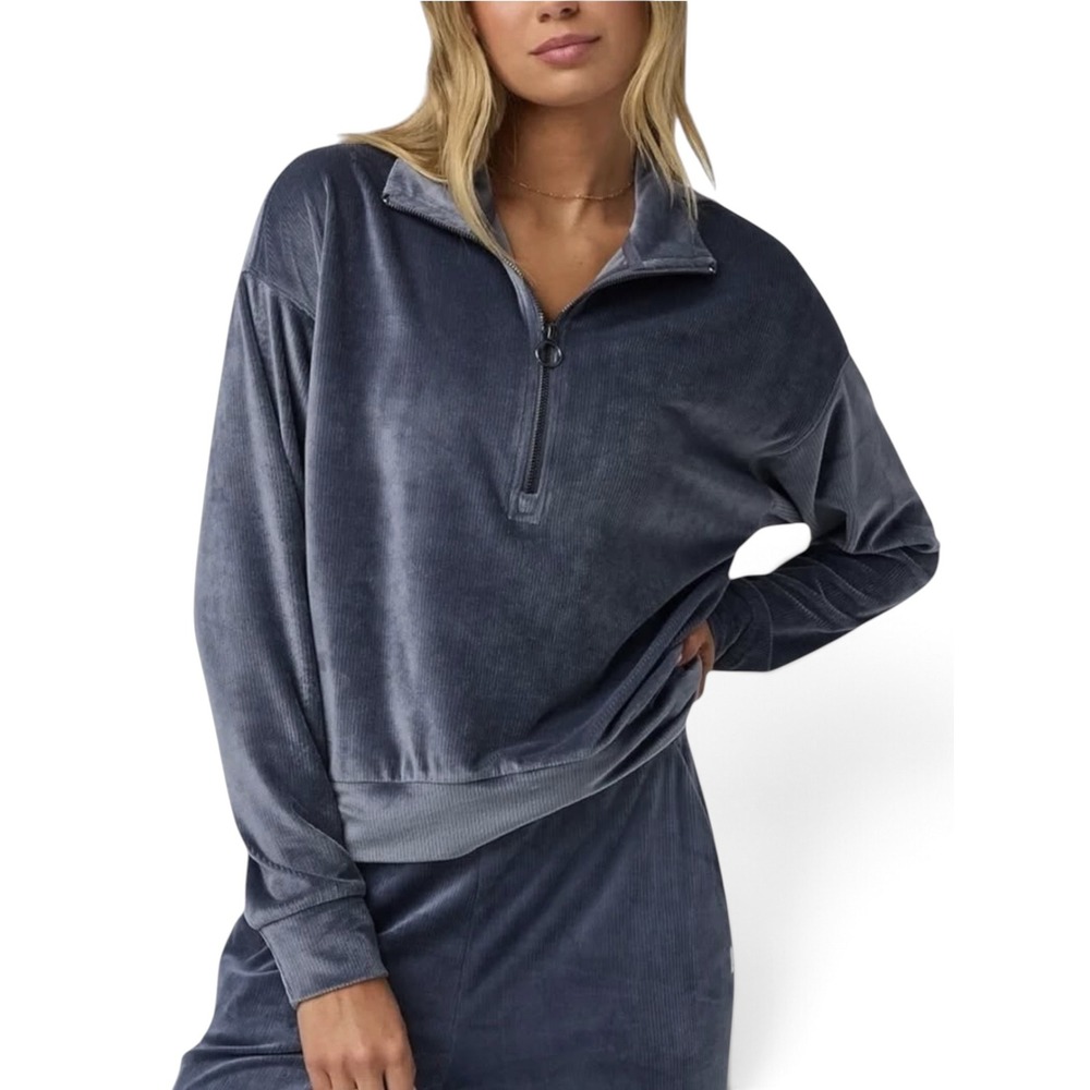 Vuori Haven Half Zip Velour Ribbed Cropped Sweatshirt Azure Blue Gray Large